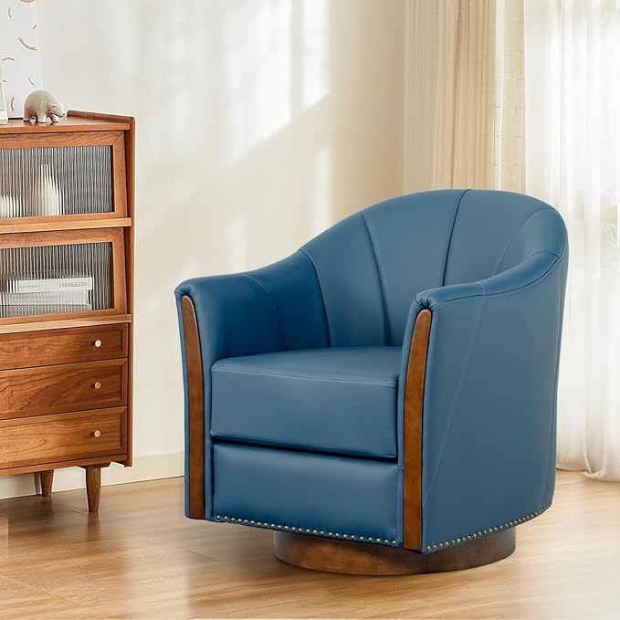 360° Swivel Accent Chair, Modern Leather Barrel Club Chair with Leather Upholstery and Sturdy Wood Base, Comfortable Armchair for Living Room, Bedroom, Reading Nook, Blue