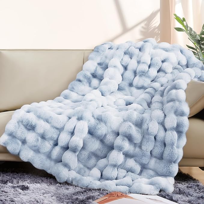 Touchat Luxury 1000GSM Faux Rabbit Fur Throw Blanket, Super Heavy Warm Cozy Grey Blankets for Couch Bed Sofa, Ruched Plush Fuzzy Elegant Soft Reversible Mink Blanket for Living Room Bedroom, Blue