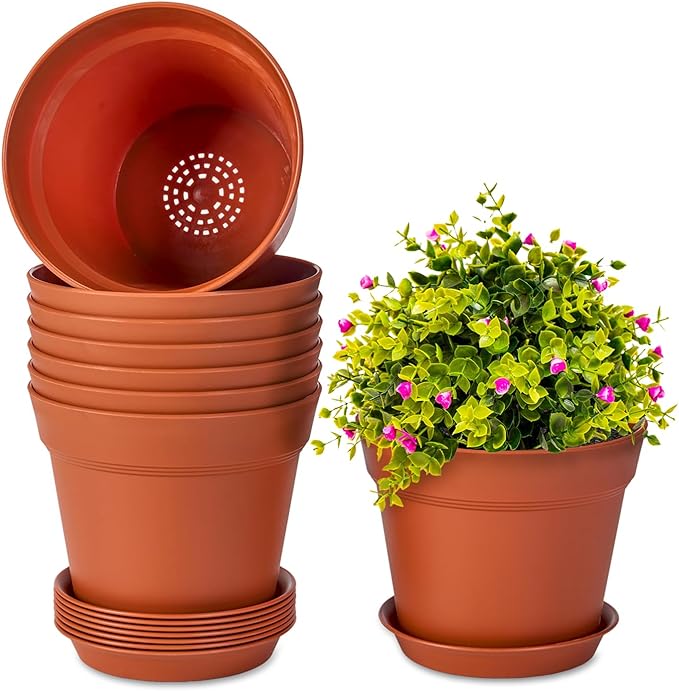 homenote Plant Pots,7.5 Inch Flower Pots for Plants Plastic Planters for Indoor with Multiple Drainage Holes and Trays, for All Home Garden Flowers Succulents,Outdoor(Terra Cotta,8 Pack)