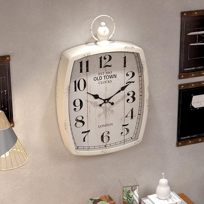 Menterry Rectangle Retro Large Wall Clock, Old-Fashioned Vintage Design, White Antique Style, Battery Operated Silent Decor Wall Clocks for Farmhouse,Kitchen,Office (15.5" H x 10.2" W)
