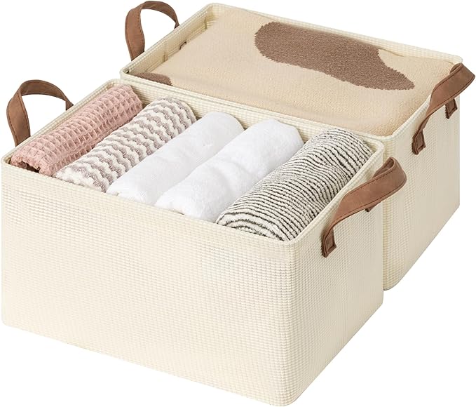 StorageWorks Storage Bins, Shelves Baskets for Organizing, Fabric Closet Organizers with Handles, Metal Frame, Beige（Texture）, 2-Pack