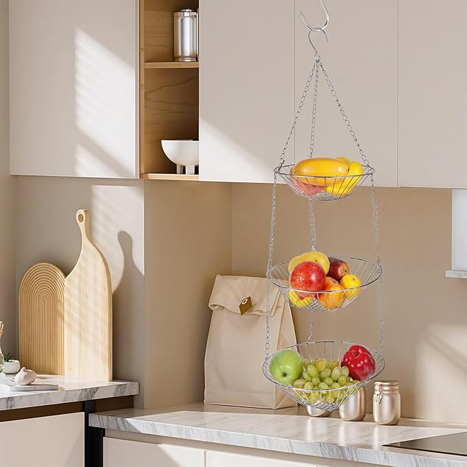 3-Tier Kitchen Wire Storage Basket Hanging Fruit Storage 2 Pack