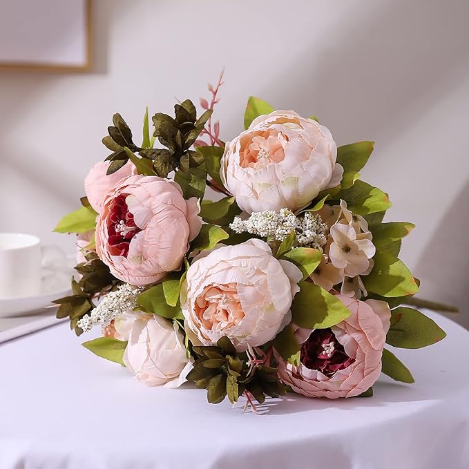 Duovlo Fake Flowers Vintage Artificial Peony Silk Flowers Wedding Home Decoration,Pack of 1 (Light Pink)