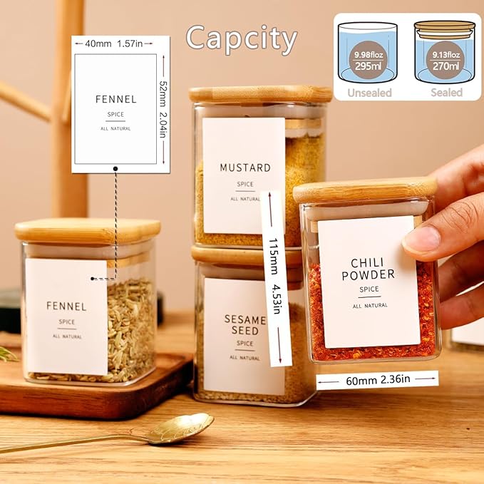 12 Pcs Square Glass Spice Jars with Natural Bamboo Lids - 9oz Airtight Herb Containers with 148 Waterproof Minimalist Spice Labels Preprinted - Empty Small Seasoning Jars for Kitchen Pantry