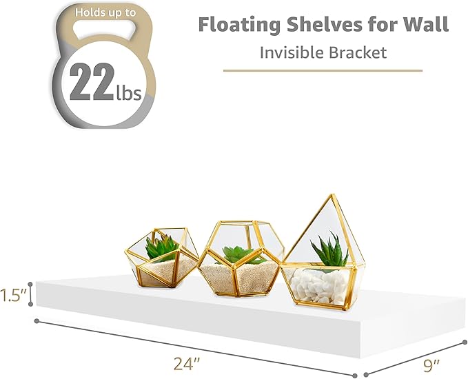 Sorbus Floating Shelves for Wall - 24" Bathroom Shelves, Wall Decor for Bedroom, Kitchen, Living Room, Home Decor & Book Storage - Mounted Floating Shelf with Invisible Brackets (White, 3 Pack)