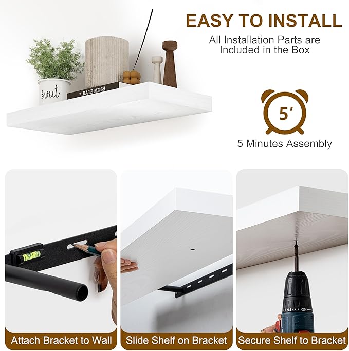 Fun Memories White Floating Shelves 36 Inch Long, 8 Inch Deep Floating Shelf for Wall, 36" W x 8" D Floating Shelves Set of 2, White Deep Wall Shelves for Bedroom, Living Room, Kitchen