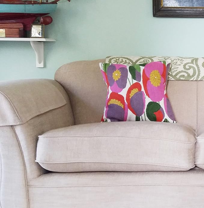 Lily Pink Flower Pillow Cover | Suzani Accent Pillow | Outdoor Floral Pillows | Hand Embroidered Wool Cushion - 18x18