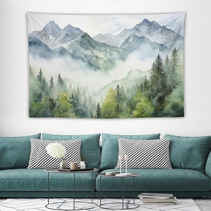 HZOHNAGO Mountain Tapestry Misty Green Forest Mountain Pattern Printed Wall Tapestry Wall Hanging for Bedroom Living Room Dorm 90" W x 60" H