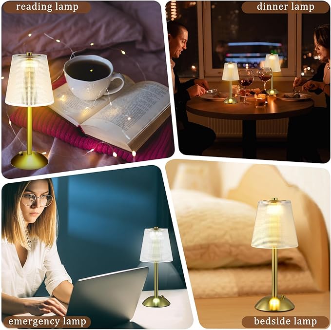 Liliful 2 Pcs LED Portable Cordless Table Lamp Touch Battery Operated Rechargeable Desk Lamp 3 Color Dimmable for Bedroom Living Room Dining (Retro Style,Gold)