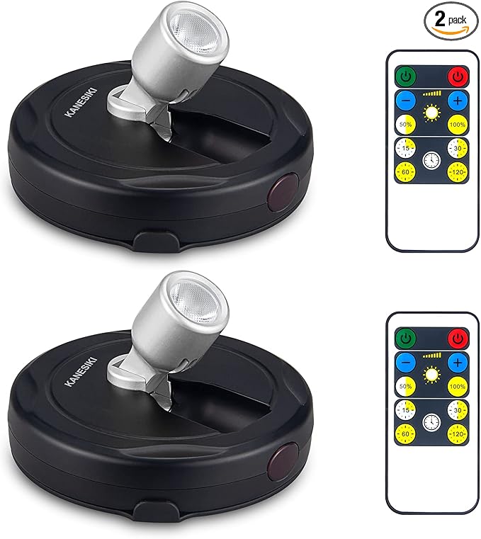 Wireless Spotlight Battery Operated, LED Picture Lights, Stick on Uplighting for Indoor Plant Tree Painting Artwork Portrait Photo Art, Dimmable Accent Puck Light with Remote, 2 Pack