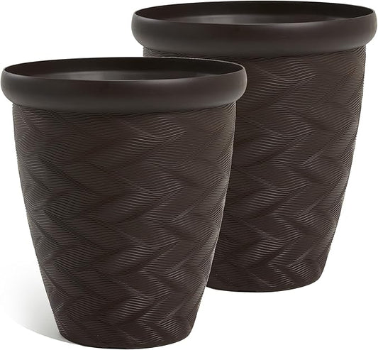 Worth Garden 2-Pack 16" Large Round Planter - Weave Pattern Lightweight Plastic Plant Pot 16" x 17.5" for Indoor Outdoor Use - Decorative Containers for Front Porch Home Yard Deck Patio - Dark Brown