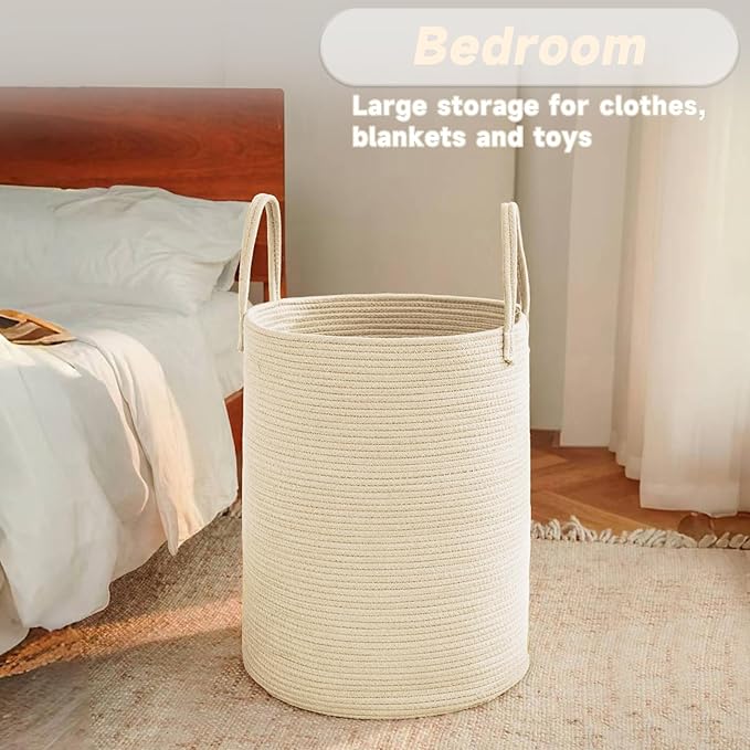 Large Woven Laundry Basket Hamper,80L Cotton Rope Storage Bin for Blankets,Toys and Clothes,Decorative Tall Nursery Hamper for Living Room,Baby Nursery,Bathroom and Bedroom,Beige