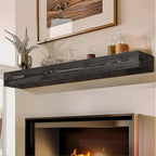 56x8x5 Fireplace Mantel - Handcrafted Hollow Rustic Solid Wood Wall Mounted Floating Shelf with Invisible Heavy Duty Wood Bracket (Weathered Black)