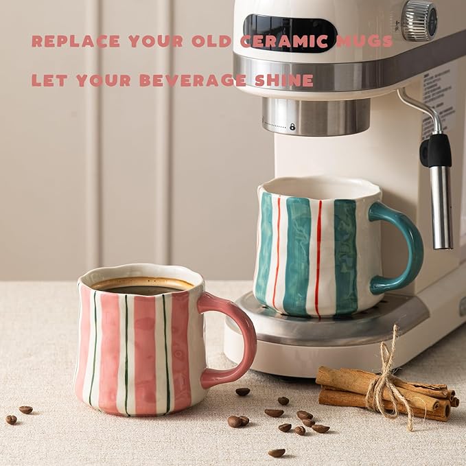 Striped Ceramic Coffee Mugs Set - 2 Pack, Pink & Green，Perfect for Morning Brew or Tea and Cocoa - for Coffee Lovers
