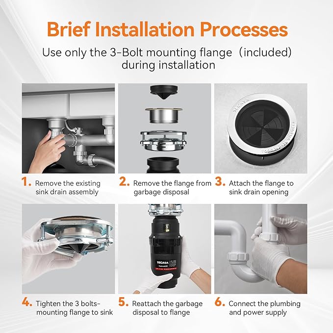 1/2 HP Garbage Disposal, TECASA Food Garbage Disposal with Power Cord, Stainless Steel Grinding System and 3-Bolt Mounting, Continuous Feed Compact Garbage Disposals, UL Certified, Taskmaid Series 50