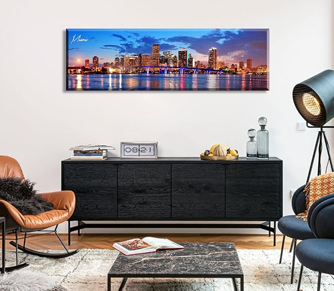 Office Wall Decor Miami Skyline Wall Art Panoramic Cityscape Picture Modern USA City Night View Canvas Prints for Bedroom Living Room Home Decoration Stretched and Framed Ready to Hang 13.8"x45.3"
