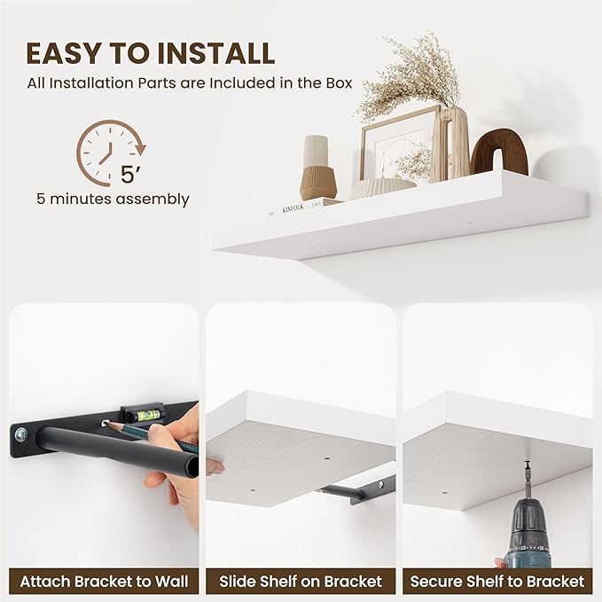 Floating Shelves Set of 2, 36 Inch Long Wooden Wall Shelves, 10 Inch Deep Wall Mounted Storage Shelf with Metal Brackets for Living Room, Bathroom, Bedroom and Kitchen, White