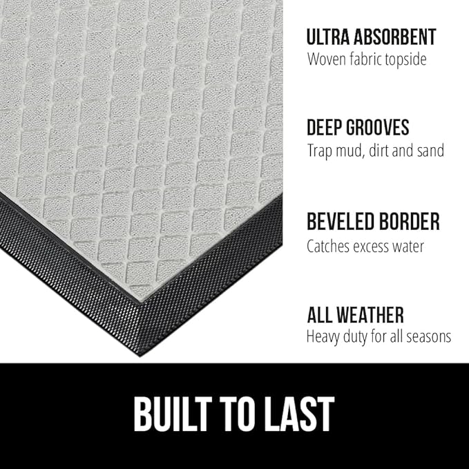 GORILLA GRIP 100% Waterproof All-Season WeatherMax Doormat US Designed Natural Rubber, Stain and Fade Resistant, Low Profile Indoor Outdoor Door Mats, Easy Clean Patio Mat, 23x35, Light Gray