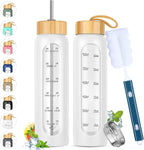 32 oz Glass Water Bottle with Straw - Motivational Time Marker & Silicone Sleeve - Reusable Tumbler Includes 2 Bamboo Lids & Fruit Infuser - 1 Pack