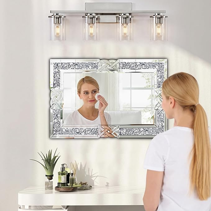 Crushed Diamond Decorative Wall Mirrors, 24x36 Inch Rectangle Living Room Mirrors for Wall Decor, Modern Glam Bathroom Dining Room Entryway Mirror Silver