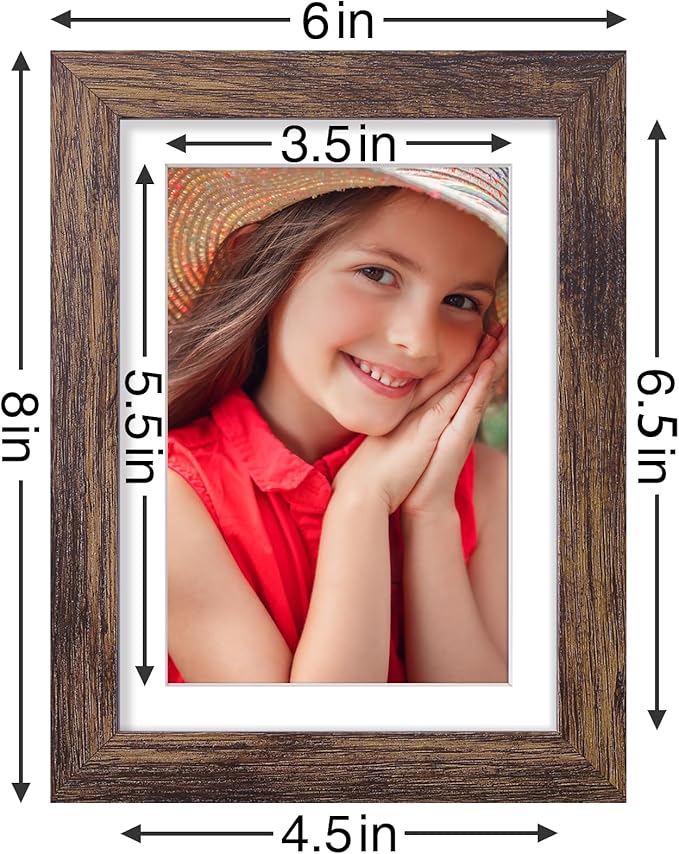 Vittanly 5x7 Picture Frames Set of 9, Shatter Resistant Plexiglass, Display 4x6 Pictures with Mat or 5x7 without Mat, Photo Frames for Wall or Tabletop, Engineered Wood, Brown