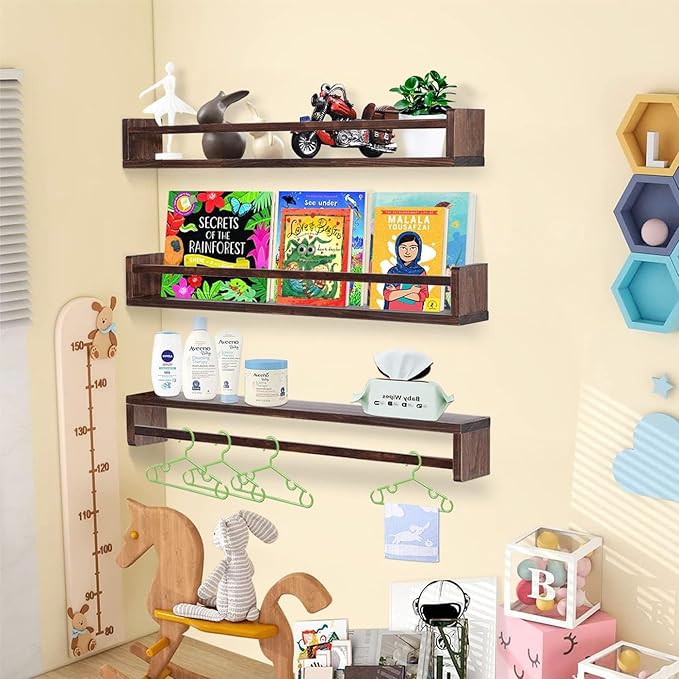 AZSKY Nursery Book Shelves Deep Walnut Wall Mount Floating Book Shelf for Bedroom Wooden Wall Book Shelf Children Kids Toddler Wall Bookshelf 36 Inch a Set of 3 Same Sizes