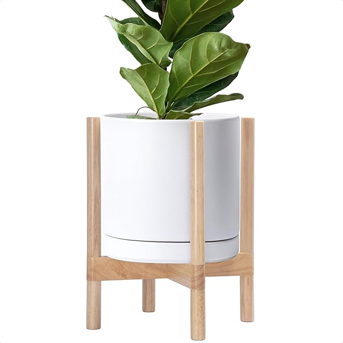 D'vine Dev Ceramic Planter with Natural Stand - 12 Inch Modern Round Flower Pot with Wood Planter Holder, White, 55-B-J-1