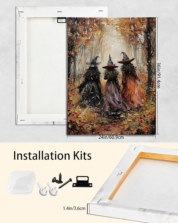 Halloween Canvas Wall Art, Vintage Three Witches Poster, Gothic Dark Academia Wall Decor, Spooky Halloween Decor for Living Room, Bedroom & Bathroom, Framed Fall Decorations Indoor