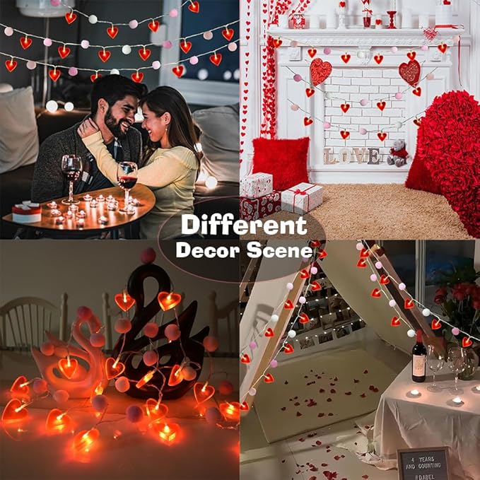 Red Heart String Lights 9.85 Ft Valentines Light with 20 LEDs 20 Pink Pom Poms Garland Lights Battery Operated with Timer Valentines Decorations for Wedding Party Valentine Decor