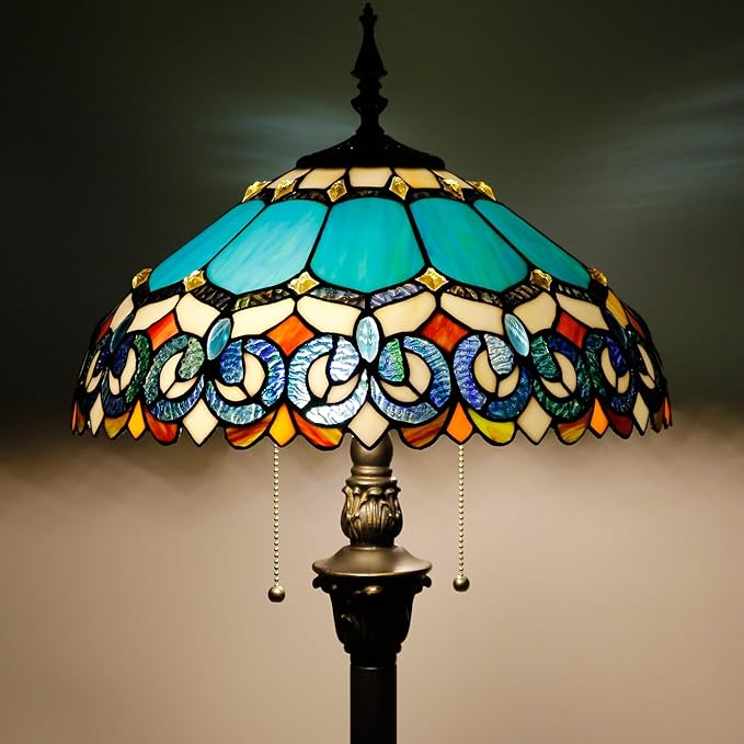 Tiffany Floor Lamp Stained Glass Lamp Standing Reading Light 16x16x70 Inch for Living Room (Blue Jewelry Baroque Style)
