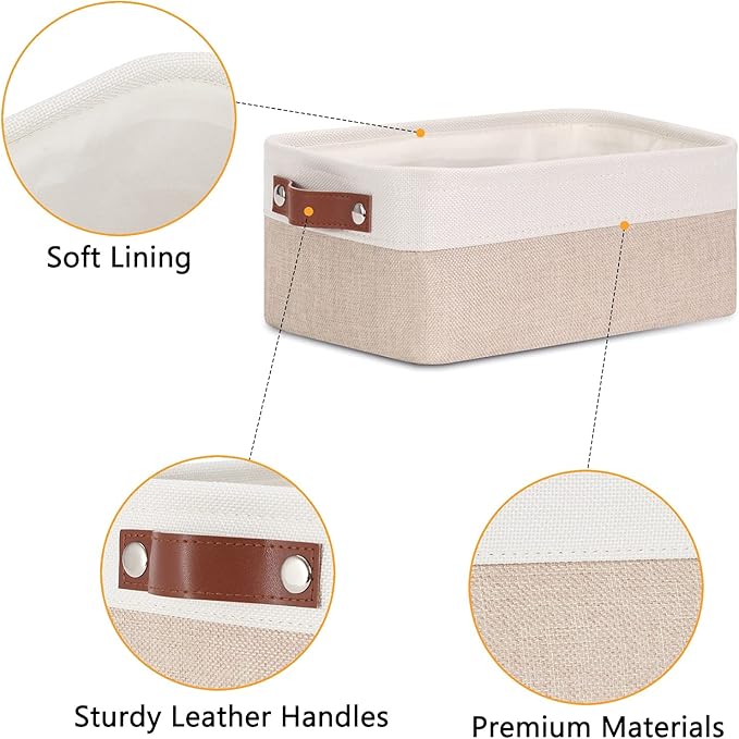 DULLEMELO Small Storage Bins, Storage Baskets for Organizing, Collapsible Rectangular Fabric Baskets for Shelves, Closets, Nursery, Home, Office, Empty Gift Baskets (6-Pack, White&Khaki)