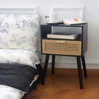 MaxSmeo End Table with Storage Mid Century Nightstand with Rattan Drawer and Shelf, Wood Small Side Coffee Table for Small Space, Living Room and Bedroom, Easy Assembly (Black)