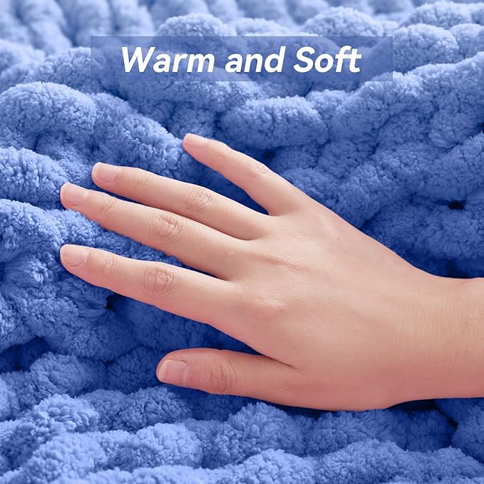 Chunky Knit Throw Blanket, 30''*40'' Knitted Throw Chenille Yarn for Bed Couch, Handmade Light Blue Crochet Big Thick Blanket, Machine Washable Cute Comfy Blanket for Home Decor