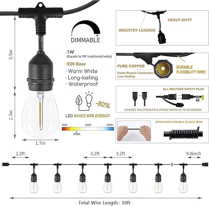 Svater Outdoor String Lights Led 105FT, Commercial Grade Patio Lights with 1W Dimmable S14 Shatterproof Bulbs, ETL Listed Heavy-Duty Outside Waterproof Cafe Bistro Market Lighting Warm White