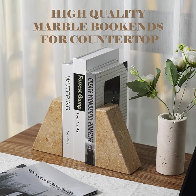 Marble Bookend for Heavy Books, Decorative Bookends for Shelves, Durable and Heavy-Duty Book End for Hardback Book & CDS, Unique Book Stopper & Holder, Pearlly Yellow, Set of 2