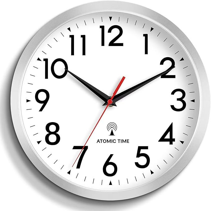 Atomic Wall Clock Analog 10 Inch Battery Operated Modern Decorative for Living Room Kitchen Office Bedroom Bathroom(Silver)