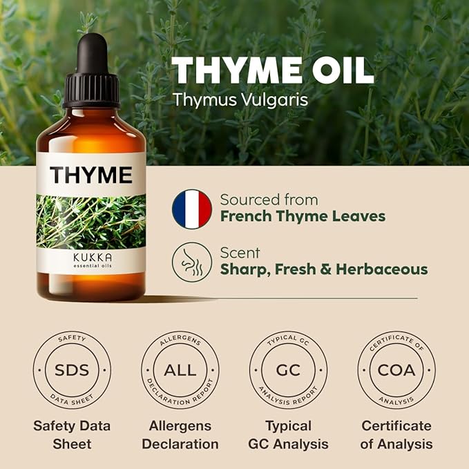 Kukka Thyme Essential Oil for Hair, Skin & Diffuser - 4 Fl Oz - 100% Pure Natural Thyme Oil, Herbaceous Scent, for Aromatherapy & Making Scent DIY