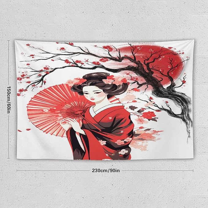Japanese Red Geisha Tapestry Asian Cherry Blossom Traditional Kimono Folk Tapestries Home Decor for Living Room Bedroom Apartment Farmhouse Dorm 90"x60"