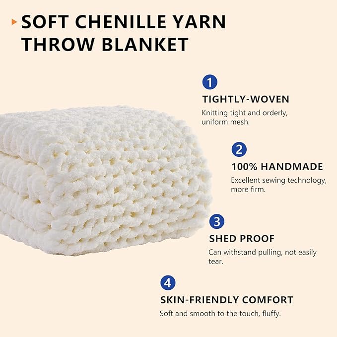 L'AGRATY Chunky Knit Blanket Throw: Soft Chenille Yarn Throw Blanket 50x60 - Handmade Thick Cable Crochet Blanket - Large Chunky Rope Throw Blanket for Couch Sofa Bed Home Decor(Cream White)
