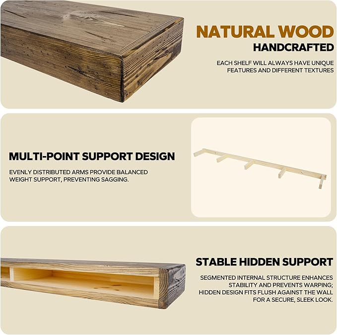 Floating Shelves 3 inch Thick for Wall Set of 2,Solid Pine Wood Wall Mount Shelf for Kitchen Living Room Bedroom Bathroom,8" D x 60" L x 3" H-Distressed Black Walnut