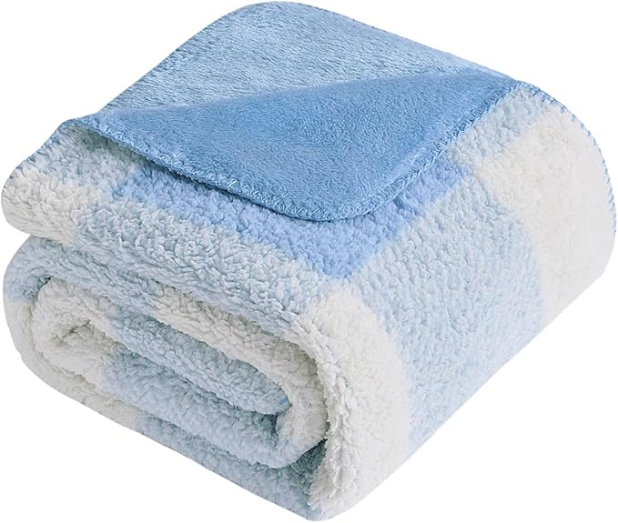 LURKA Checkered Sherpa Fleece Throw Blanket - Extra Thick and Warm Winter Soft Fuzzy Plush Blanket for Couches, Beds & Pets, Glacier, 50x60 Inches
