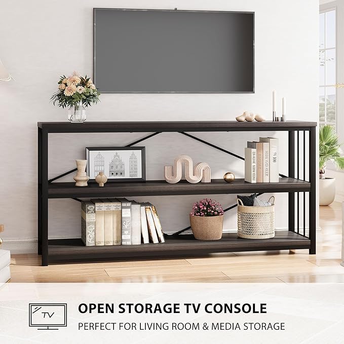 LVB 3-Tier Rustic Console Table, Extra Long Entryway Table with Storage, Industrial Skinny Wood Metal Sofa Table with Shelf, Modern Narrow Hallway Table for Foyer Living Room Bedroom, Dark Gray, 70 In