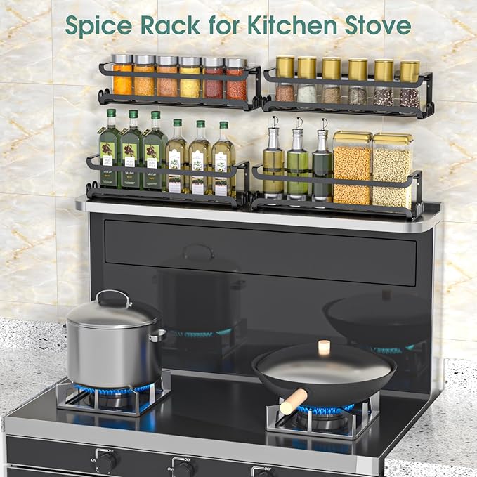 LUCYCAZ 4 Pack Wall Mounted Spice Rack with 16 Hooks, Spice Organizer Shelf for Stove Cabinet Pantry Door,Screw or Adhesive Spice Shelf Hanging Wall Spice Rack in Kitchen and RV (Black, 4 PACK)