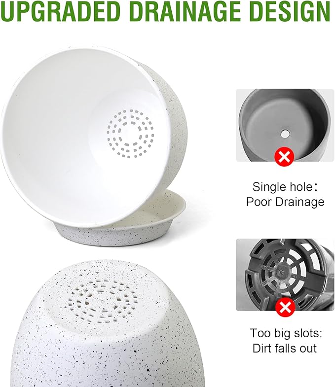 Large Flower Pots 12/10/9 inch, Set of 3 Modern Decorative Plastic Planters with Drainage Holes and Saucers for Garden House Plants, Plant Pots for Indoor Outdoor Plants, Speckled White