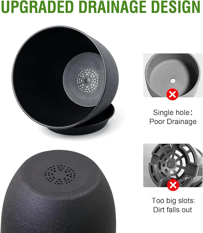 9/8/7.5 inch Plant Pots, Set of 3 Modern Decorative Plastic Planters with Drainage Holes and Tray, Flower Pots for Indoor Outdoor Plants, Black