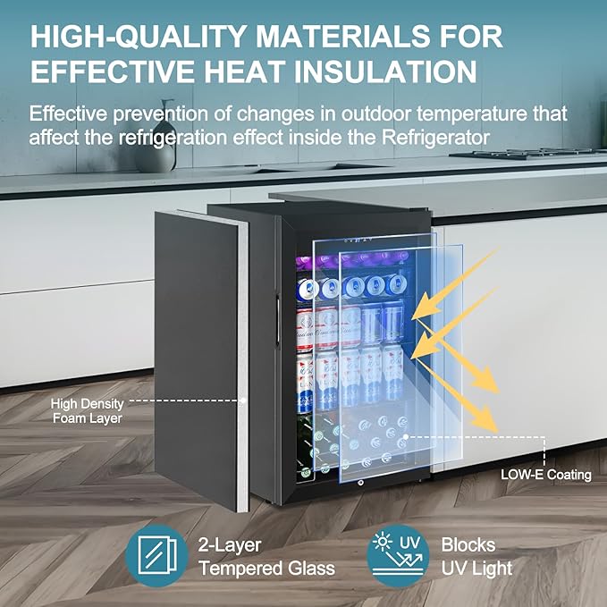 128 Cans Beverage Refrigerator Cooler, 3.2 Cu.Ft Mini Drink Fridge Glass Door for Drink Beer Soda Wine, Small Beer Fridge with 4 Removable Shelves for Kitchen Bedroom, Office Bar Gaming Room, Black