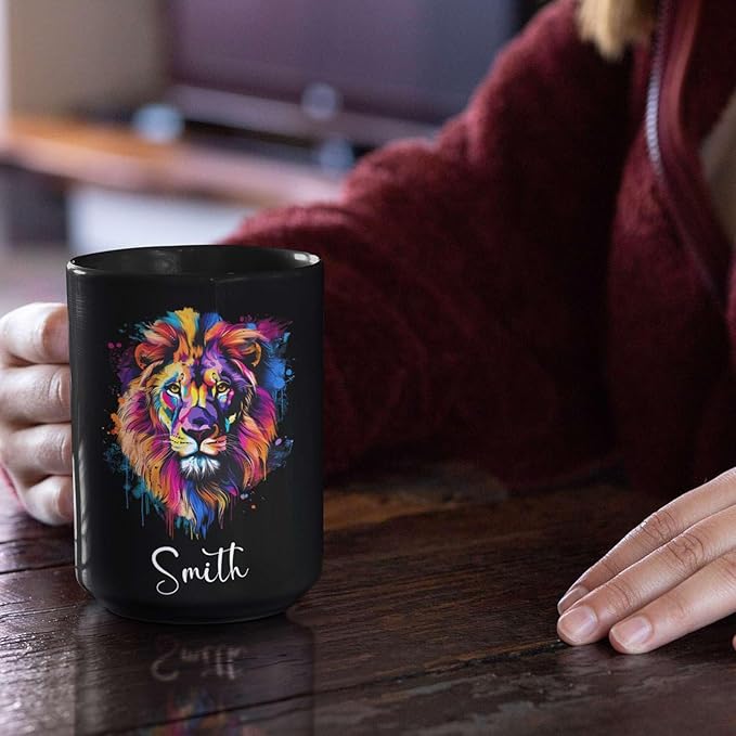 Personalized Lion Black Mug, Gift For Son Grandson, Custom Lion Coffee Cup With Name, Customized Colorful Animal Design Mug, Unique Animal Lover Cup 11oz 15oz