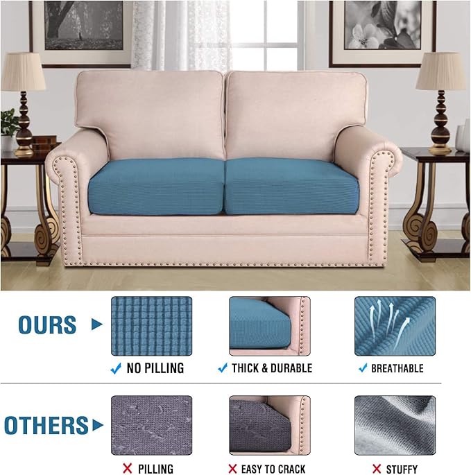 H.VERSAILTEX Super Stretch Individual Seat Cushion Covers Sofa Covers Couch Cushion Covers Slipcover Sets Thick Jacquard Textured Twill Fabric (2 Piece Medium Sofa Cushion Covers, Dusty Blue)