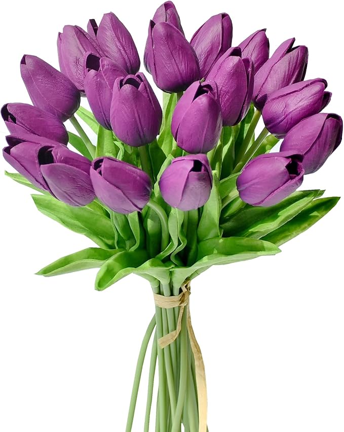 Mandy's Artificial Tulips 20 Stems Grape Purple PU Faux Flowers for Wedding Home Decor 13.5 Inch