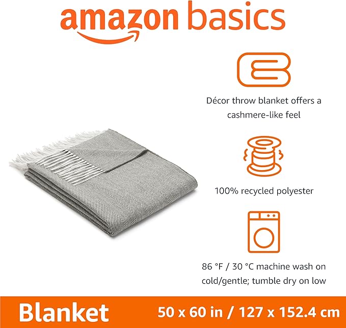 Amazon Basics Cozy Room Décor Throw Blanket, Lightweight, Recycled Polyester, Dark Gray and Light Gray Herringbone, 50"x 60"